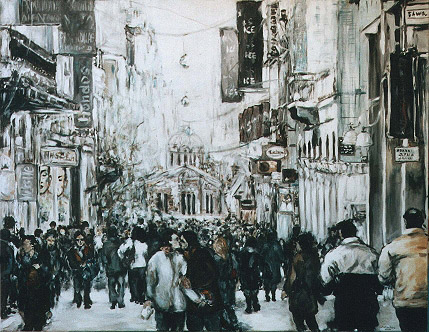 Straße mit Schuhreparaturgeschäft